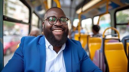 Eco friendly black businessman choosing bus commute to reduce pollution, happily heading to work