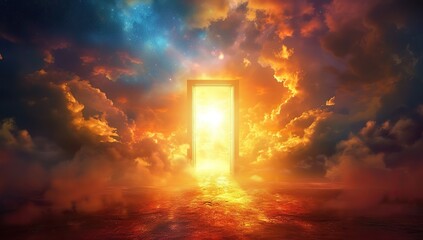Open door to a glowing portal in space. The concept of mysticism and the unexplored.