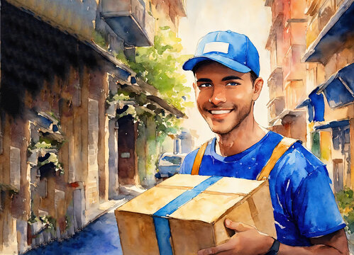 Courier. Delivery by courier service. Courier service. The courier is holding a cardboard box. Courier in a cap. Postman in uniform. Copy space. Free space for text. Warehouse worker.
