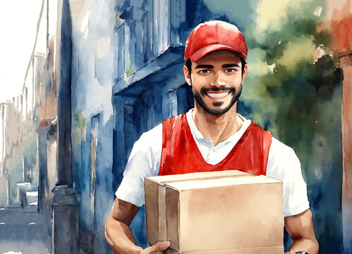 Courier. Delivery by courier service. Courier service. The courier is holding a cardboard box. Courier in a cap. Postman in uniform. Copy space. Free space for text. Warehouse worker.