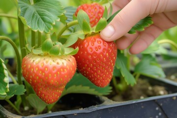 person picking an oversized strawberry from a modified plant