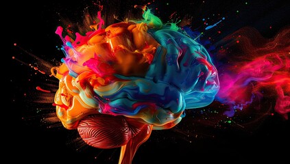 A multicolored brain with paint splashes on a black background. The concept of creativity and psychology.