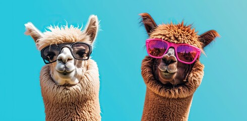 Two alpacas wearing glasses against a blue background. The concept of playfulness