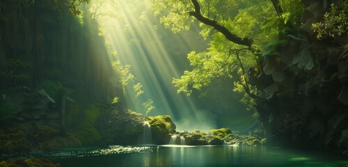 Sunlight filters through the dense forest canopy, illuminating the emerald waters of Punch Bowl...