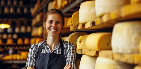 Smiling female cheese vendor in a store. The concept of gastronomy and service.