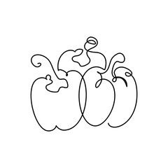 Bell peppers in continuous line art drawing style. Group of sweet peppers black linear sketch isolated on white background. Vector illustration