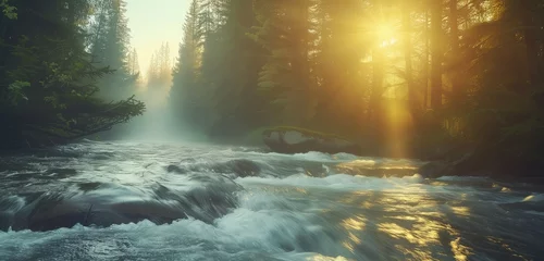  Sunlight filters through dense spruce canopy, illuminating the rapid flow of a mountain river below. © Arbaz