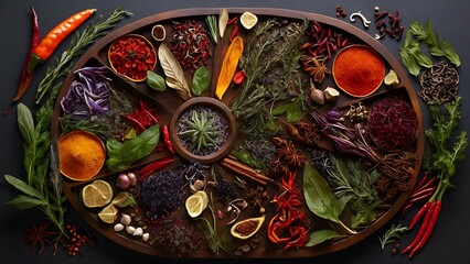 Explore the diverse world of herbs and spices with a visually descriptive wheel, showcasing a range of styles and variations for each ingredient.