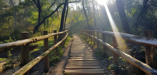 Sunlight filters through trees, illuminating a rustic wooden trail, perfect for immersive nature trekking experiences.