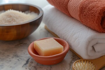 closeup of hammam spa essentials: soap, bowl, towel