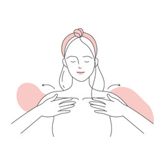 Neck massage with face serum. Face building, beauty skin care routine line vector illustration
