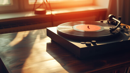 Close-up of turntable retro vinyl record player on wooden table against sunny sunset backdrop. Generative AI