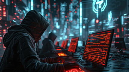 cybersecurity experts work on computers with complex code on screens, in a high-tech, neon-lit control room environment.