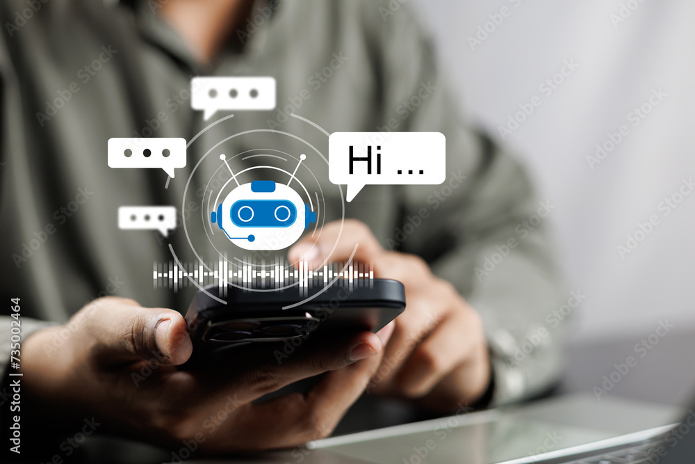 Poster ai artificial intelligence,digital chatbot, man chatting with digital assistant chatbot on mobilepho