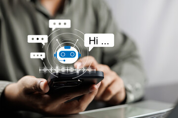 AI Artificial Intelligence,Digital chatbot, Man chatting with digital assistant chatbot on mobilephone on internet application,Future of customer service man utilizes AI chatbot for instant assistance