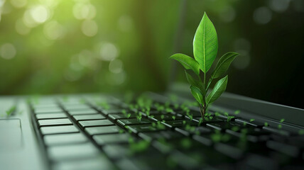 A plant with glossy green leaves emerges from a computer keyboard creating an symbiosis between technology and nature Environmental Responsibility and Technology Environmental and Sustainability Day