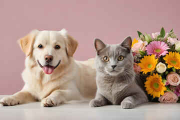 Fototapeta na wymiar A dog and a cat smiling with a bouquet of flowers. Generative AI