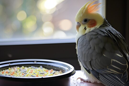 ill cockatiel sitting next to a dish of special feed mixture