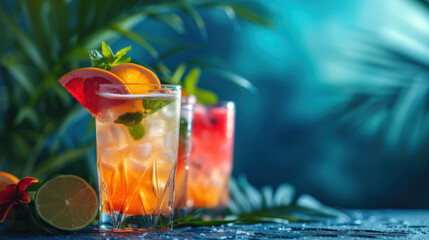 Refreshing cocktails garnished with fresh fruit and mint, served poolside under bright, sunny skies.