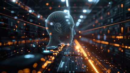 Conceptual visualization of an artificial intelligence neural network with a 3D human head and glowing connection points in a digital space. - obrazy, fototapety, plakaty