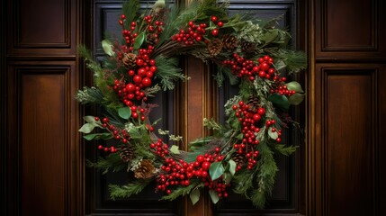 Fototapeta na wymiar evergreen holiday wreath on door
