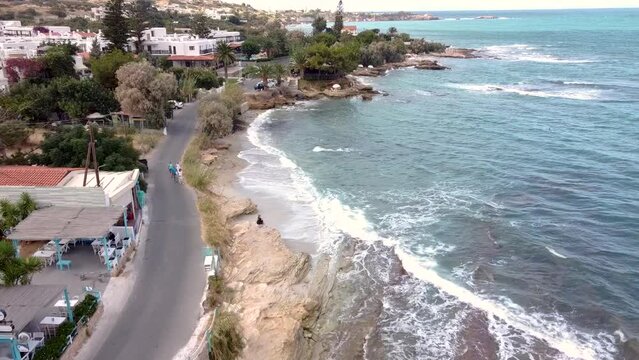 Aerial view of the coastline of the city of Hersonissos on the Greek island of Crete.
