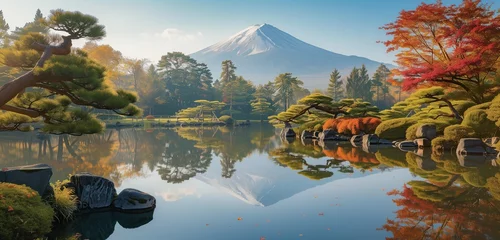 Foto auf Acrylglas Tranquil morning scene unfolds with Mount Fuji in the backdrop, surrounded by trees ablaze with autumn colors. © Arbaz