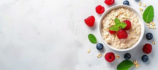 Obraz na płótnie Canvas Healthy oatmeal porridge with berries on white table, top viewnutritious and diet breakfast concept