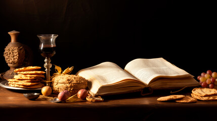 A classic still life arrangement of wine, fruits, and literature bathes in a dim, warm glow, evoking a scene rich with nostalgia and the pursuit of knowledge. - obrazy, fototapety, plakaty