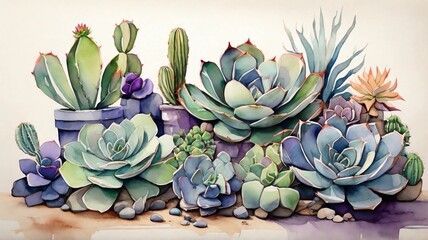 A vibrant watercolor painting featuring an array of succulent and cactus plants in various hues.