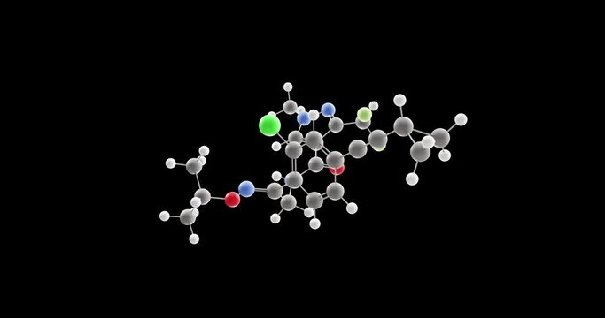Pyrapropoyne molecule, rotating 3D model of fungicide, looped video on a black background