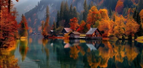 Vibrant autumn hues adorn the landscape around Hintersee lake, creating a picturesque scene in HD.