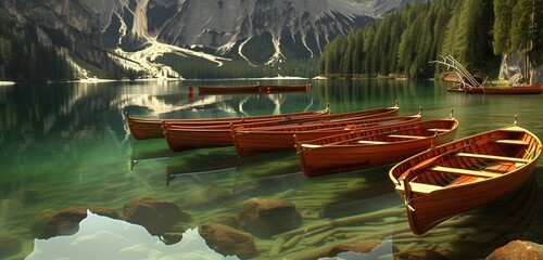 Vibrant boats float on Braies Lake, mirroring the rugged beauty of Sudtirol's Dolomites in HD.