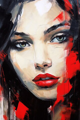 Fragment of a portrait of a young beautiful girl with red lips. Acrylic , oil painting on canvas