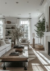 Fototapeta premium This image showcases a luxurious white living room, complete with a classic fireplace, modern furniture, and sophisticated decor, all bathed in natural sunlight.