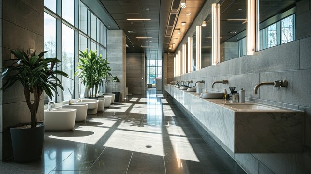 Spacious and well-lit public restroom interior with large mirrors, modern sinks, and concrete walls illuminated by natural sunlight.
