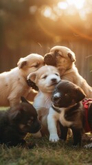 Energetic Puppies Playfully Frolicking in Sunlit Garden AI Generated.