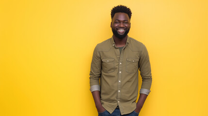 Homem afro-americano feliz em roupas casuais em pé contra um fundo amarelo - obrazy, fototapety, plakaty