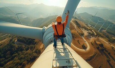 A lone engineer stands atop a wind turbine, surveying the expansive wind farm against the backdrop of a dramatic sunset.