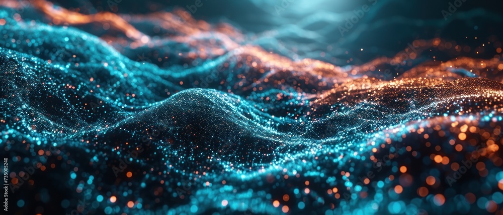 Poster abstract wallpaper featuring a futuristic wave of dots and geometric patterns, illustrating the interconnectedness of science and future network technologies
