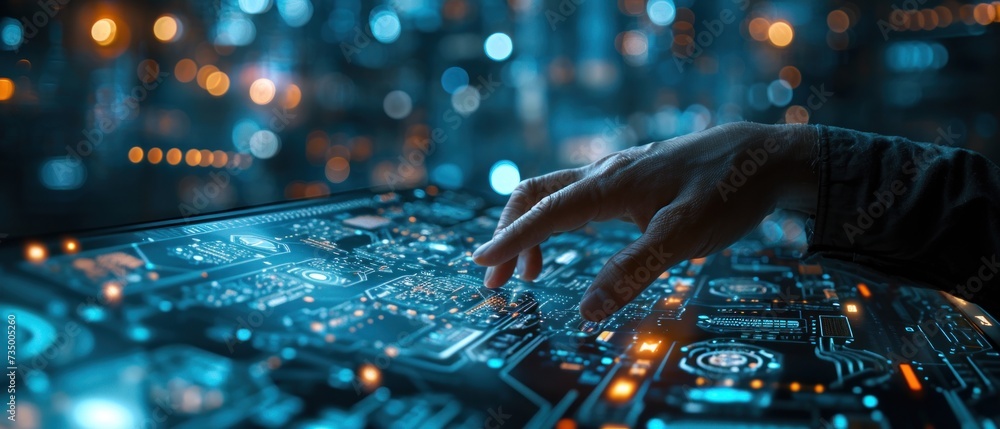 Leinwandbilder A human hand interfaces with a futuristic cybernetic panel, its intricate network of glowing circuits and data streams symbolizing the cutting-edge of technology and control in a digital age