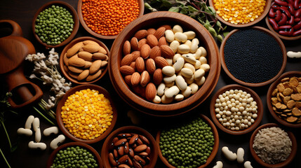 Various cereals, seeds, beans, and grains.
