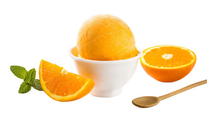 Scoops of orange ice cream with slices of orange and flowers isolated on transparent background