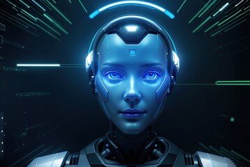 A close-up of a man working with glowing eyes on a dark cosmic background. Artificial intelligence and technologies of the future. An abstract humanoid robot.