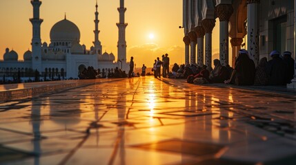 A serene scene of devout Muslim men sitting in rows engaged in evening prayer, with the warm glow of the sunset bathing the mosque in a peaceful light.