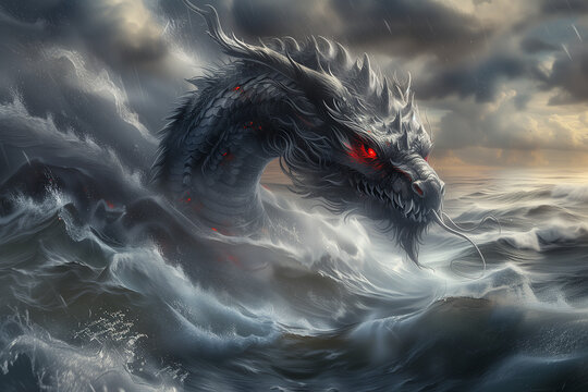 dragon, in the sea, clouds over the sea, dragon with red eyes, assault at sea