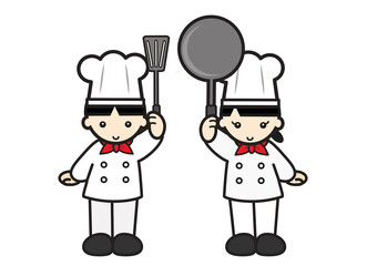 調理器具を持っている男の子と女の子