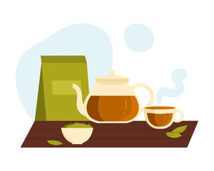 Serving natural green tea. Tea production, dried organic tea leaves cartoon vector illustration