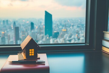 mini house model on a desk corner with city view outside window