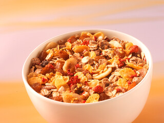 Früchtemüsli, Müsli, Haferflocken, Frühstück, Nüsse, 